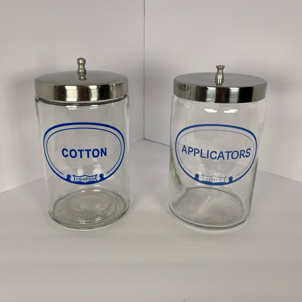 Vintage Set of Glass Cotton and Applicators Doctor Apothecary Jars with Lids